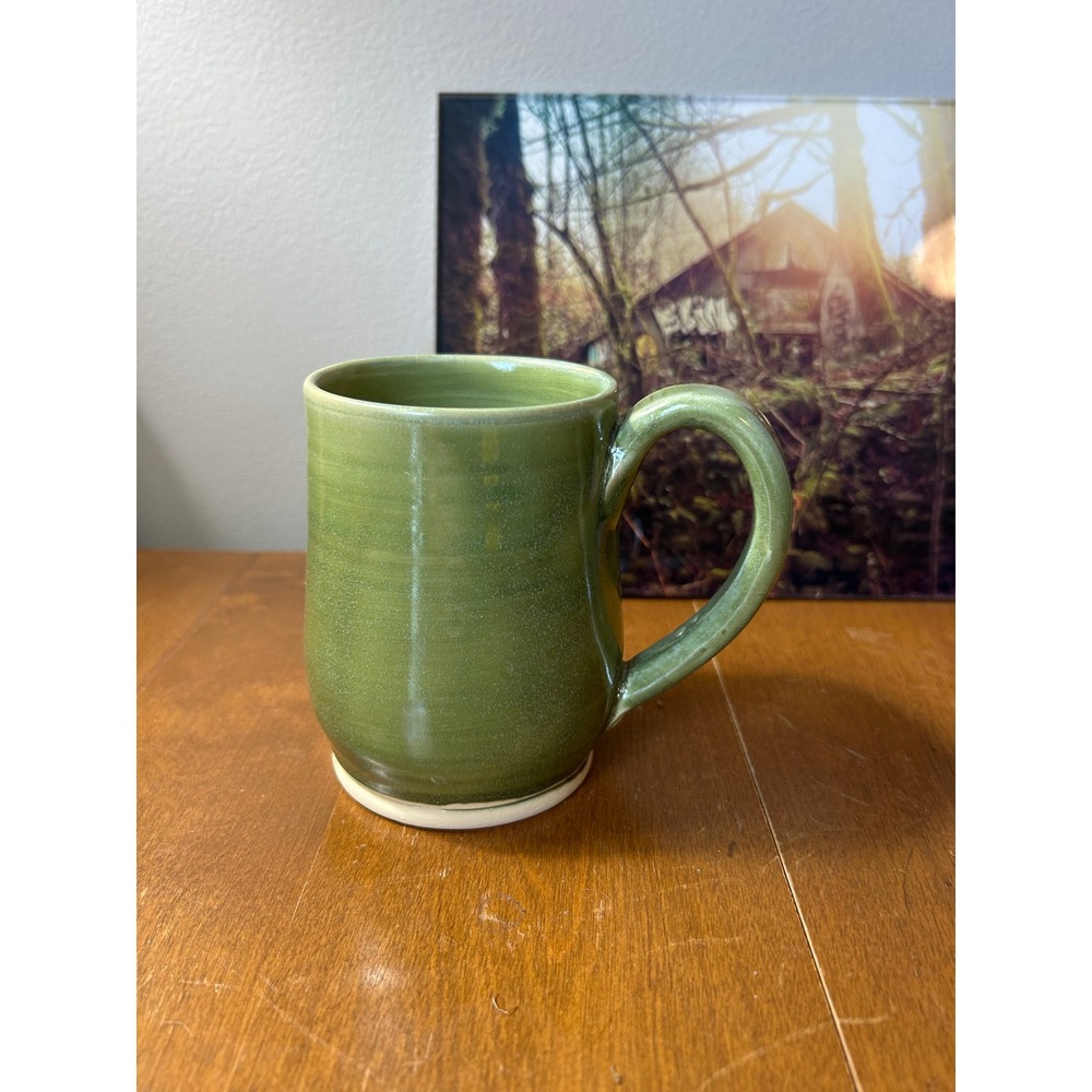 Studio Pottery Green Glazed Ceramic Mug Handcrafted SP Signed Artist Coffee Cup